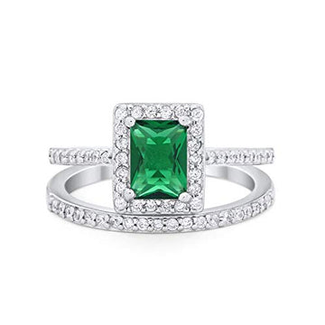 Radiant Cut Engagement Ring Simulated Green Emerald CZ 925 Sterling Silver
